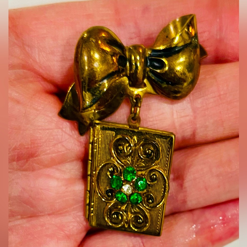 Vintage Mid Century Bow with Dangling Book W Rhinestones Brooch Mourning Locket